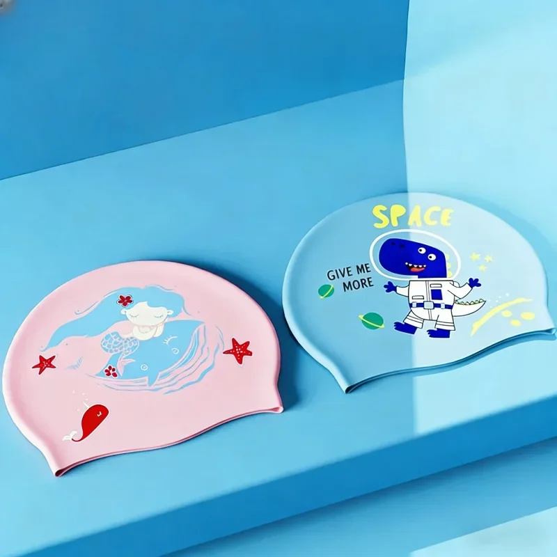 Kids Cartoon Silicone Swim Cap for Boys Girls Toddlers Baby UV Protection Waterproof Ear Protection No Tightening Swimming Hat