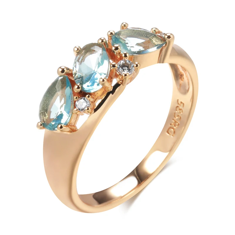 Kinel New Blue Natural Zircon Ring for Women Geometry 585 Rose Gold Rings Vintage Ethnic Bride Wedding Jewelry Party Accessories