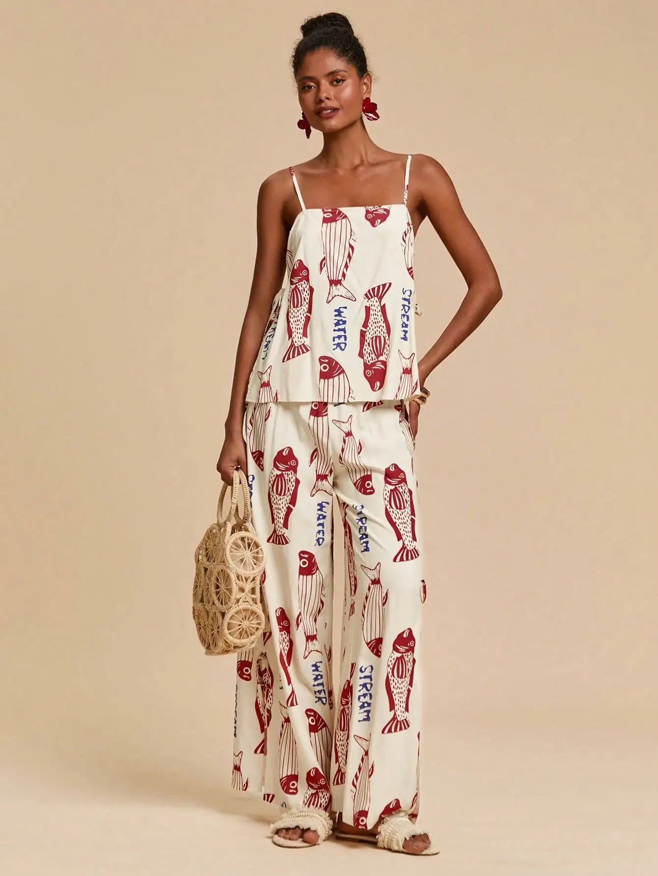 2-Piece Women's Fish Print Cami Top & Wide-Leg Pants Set, Summer Vacation Outfit