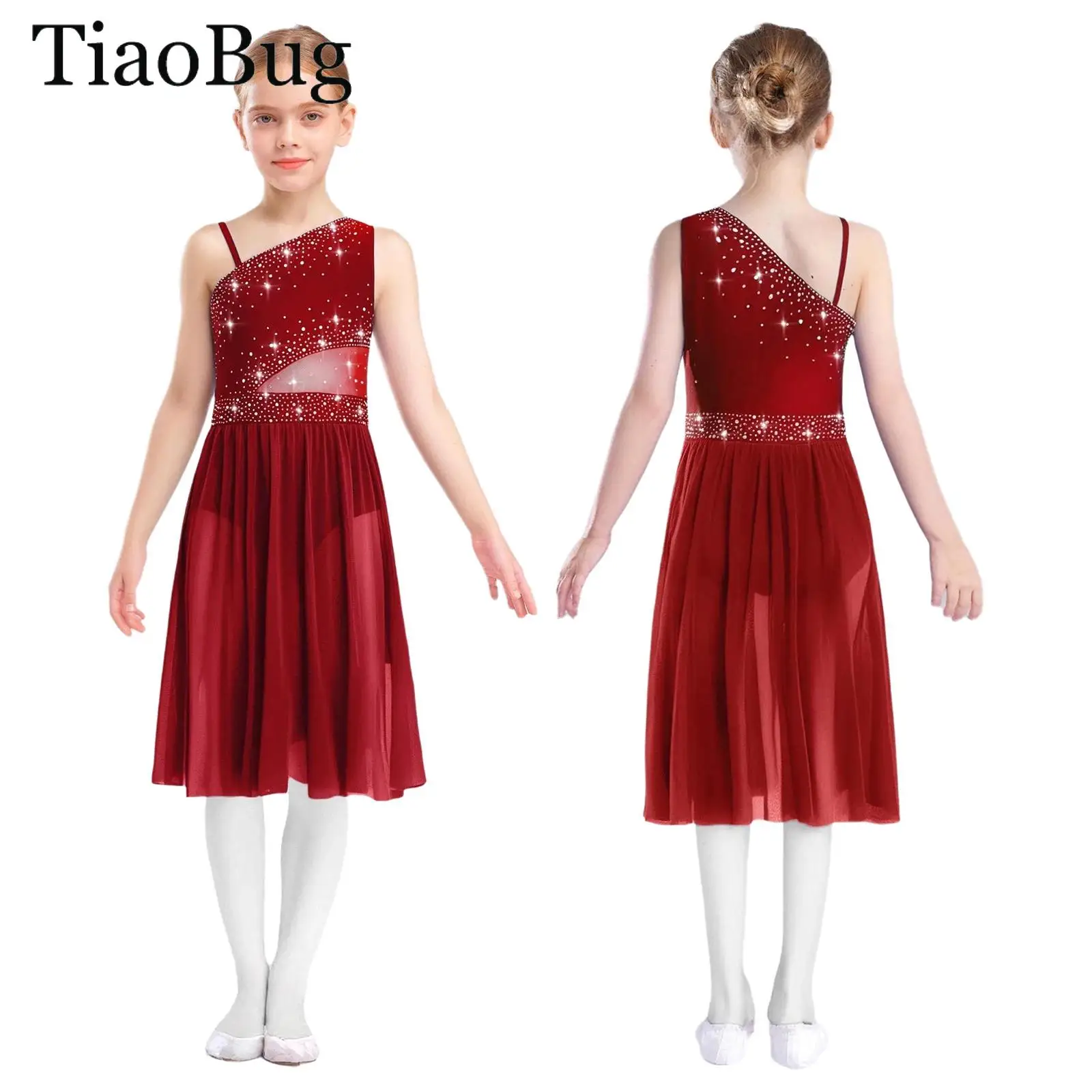 

Girls Lyrical Dance Dress One Shoulder Sleeveless Sheer Mesh Rhinestones Gymnastics Ballet Leotard Dress Figure Skating Costume