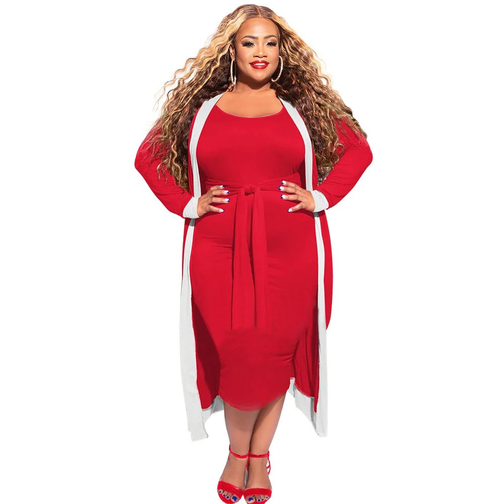 Large Women's Casual Solid Stripe Spliced Long Sleeve Coat Lace up Tank Skirt Set for Women