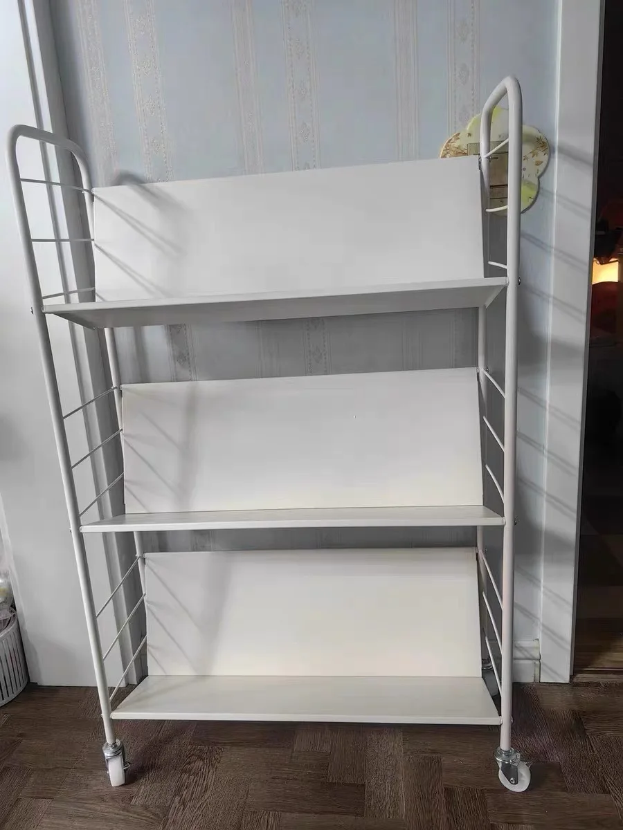 

Передвижная книжная полка на колесах, книжный шкаф на колесиках из бежевой стали, прочный органайзер для хранения полки для домашнего офиса и детской комнаты