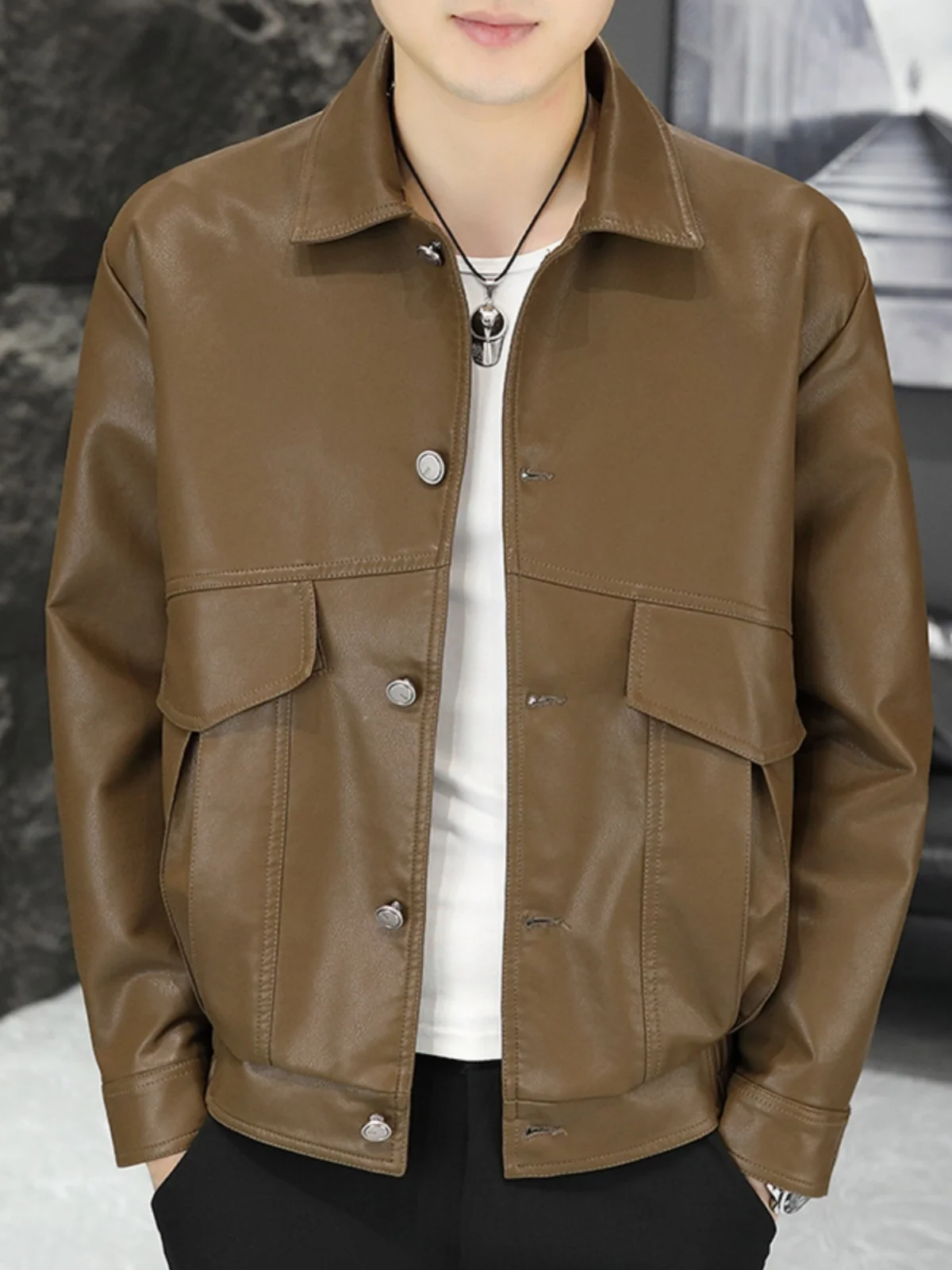 

Sli Korean Leather Jaet Men's Motorcycle Pilot Jaet Loose Fit Faionable Autumn Spring Brand Retro Outerwear