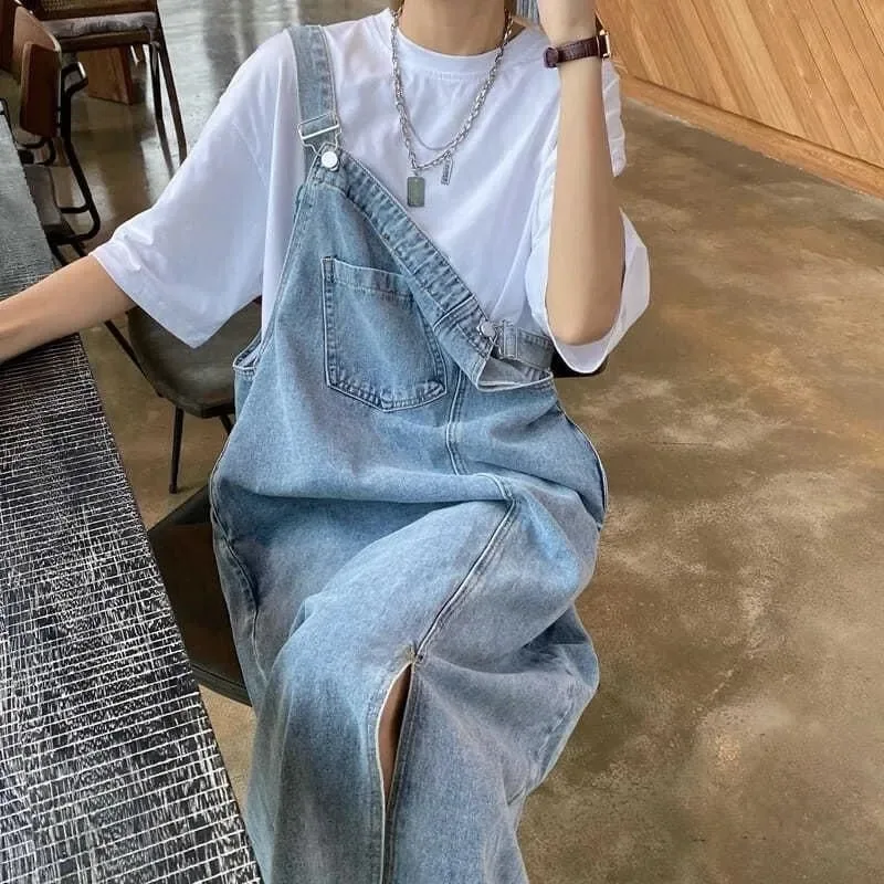 Women's Denim Strap Skirt Irregular Split Loose Vintage Mid Length Suspender Dress A-Line Skirt High Waist Denim Skirts