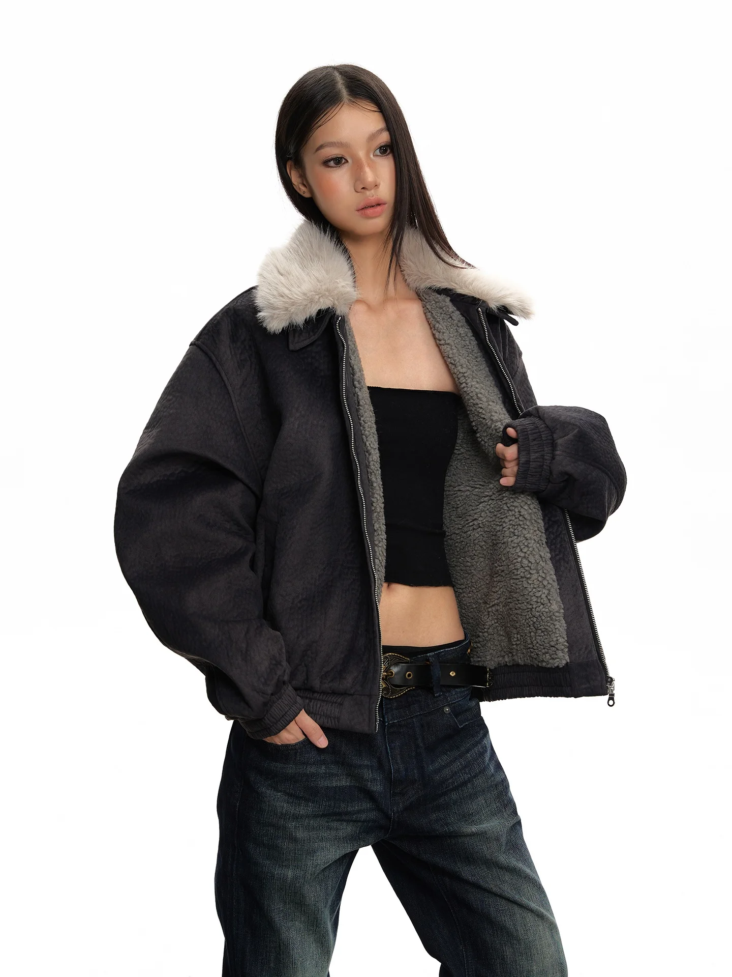 

VAT American Retro Winter Thiened Lamb Fur Jaet Women's Casual Commute Outerwear Polyester Long Sve Zipper Closure