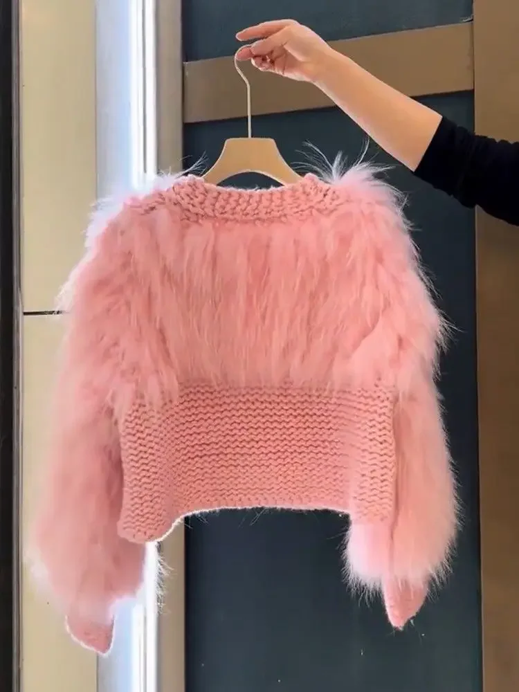 V-Neck Pink Crocheted 3D Grapes Knitted Cardigan Faux Mink Fur Spliced Sweater Coat Imitated Fox Hair Patchwork Knitwear Tops