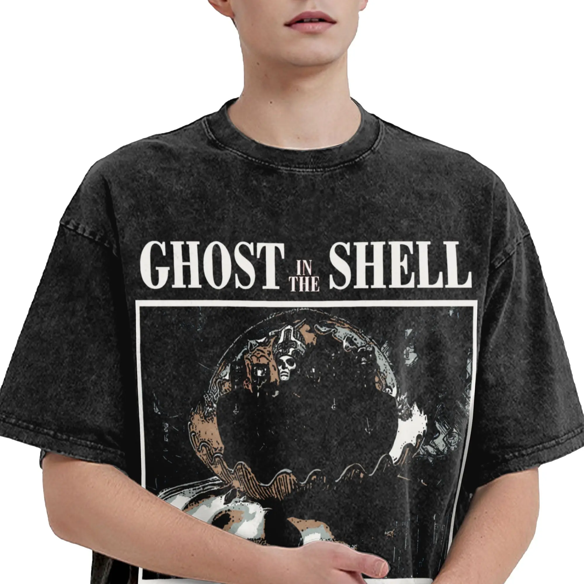 Ghost In The Shell  Washed T Shirt Streetwear Hip Hop Novelty T-Shirt  Tees Tops for Men Women Cotton Oversize