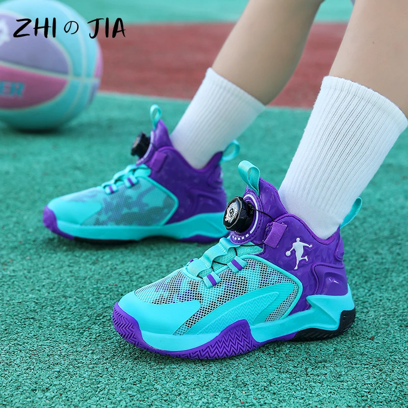 Children's Rotary Buckle Durable Basketball Shoes Boys Mesh Breathable Sneaker Student Fashion Trend Matching Footwear 31-40