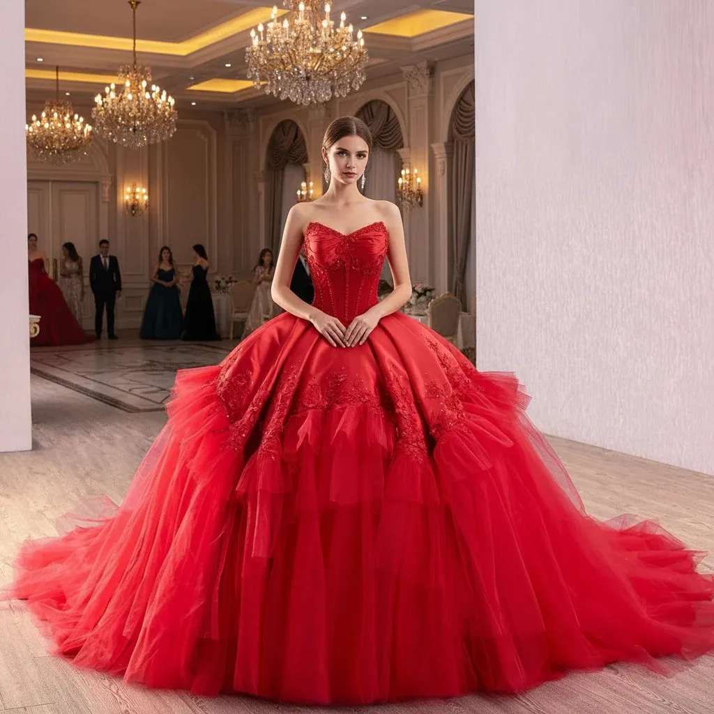 Rosymae Puffy Red Wedding Dress with V-Neck Elegant Unique Design Dramatic Cathedral Train Ruffled Skirt Sheer Fabric Grand Look