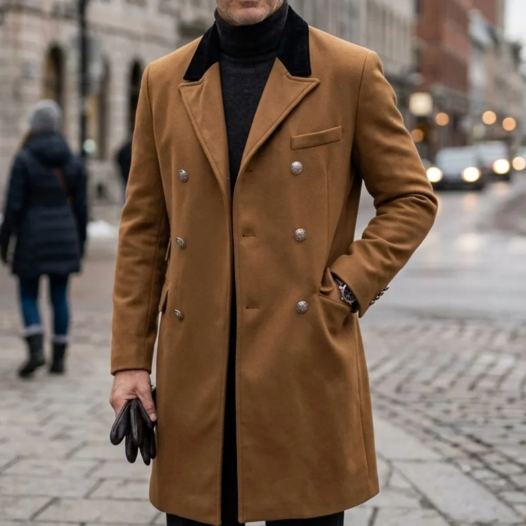 Neuer Winter-Herren-Doppelreihiger Trenchcoat mit Kontrastfarben-Design, Casual/Streetwear, Mehrere Taschen, Warme Winddichte Jacke – Detail 15