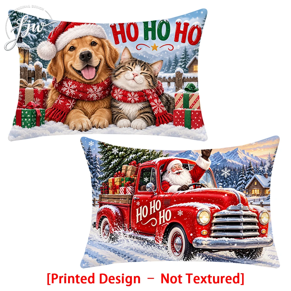 2pc Christmas Throw Pillow Covers Set of 2, Cute Dog Cat Santa Red Truck Winter Holiday Decorative Cushion Cases