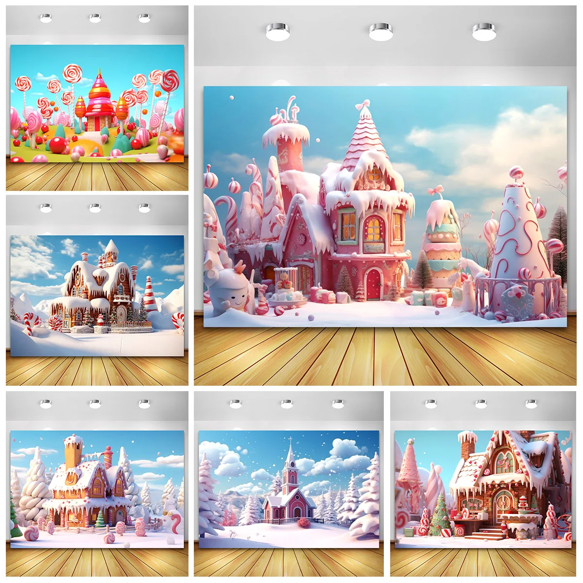 Winter Wunderland Schnee Weihnachten Hintergrund süße Süßigkeiten Haus Cartoon Fotografie Hintergrund für Kind Baby Fotostudio Fotophon