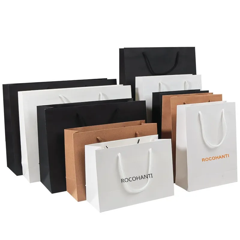 50pcs Custom Reusable Printed Logo White Kraft Thank You Shopping Paper Bag with Ribbon Handle