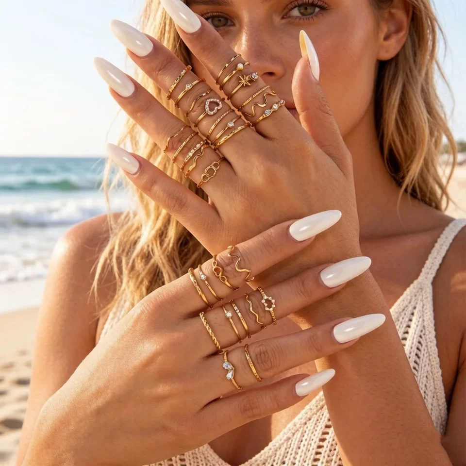 

Minimalist Rhinestone Heart Wave Star Rings Set For Women Men Retro Geometric Metal Stackable Knuckle