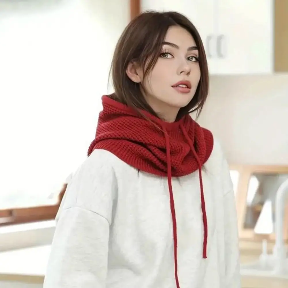 Fashion Solid Color Drawstring Balaclavas Hat Warm Earmuff Pullover Cap Soft Thickened Winter Neckerchief Women