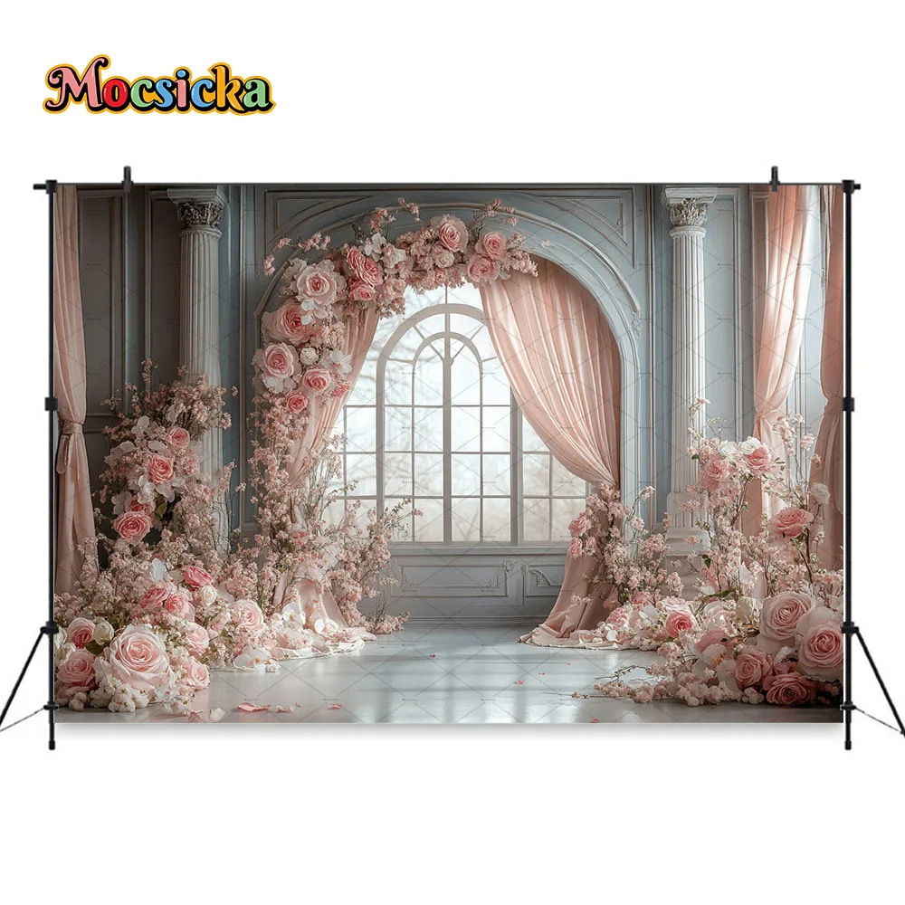 Mocsicka Pink Floral Wedding Background Photography Arch Window Church Curtain Backdrop Girl Birthday Party Photo Studio Booth