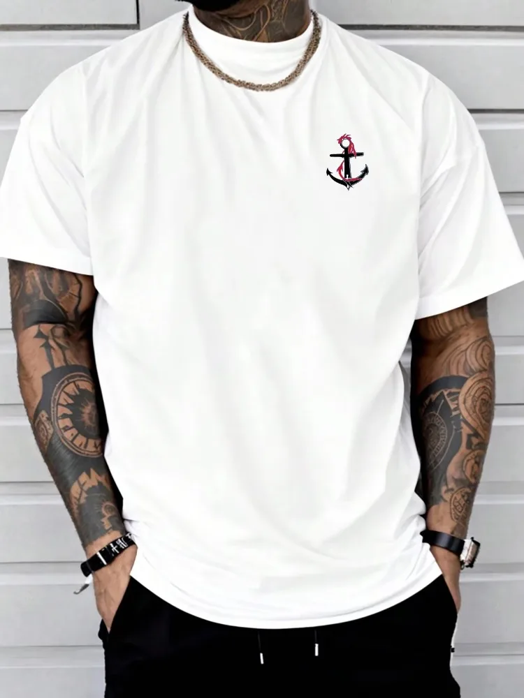 Men's Summer 100% Cotton Fashionable Casual Loose Sports Dragon and Boat Anchor Pattern Printed Round Neck Short Sleeved T-shirt