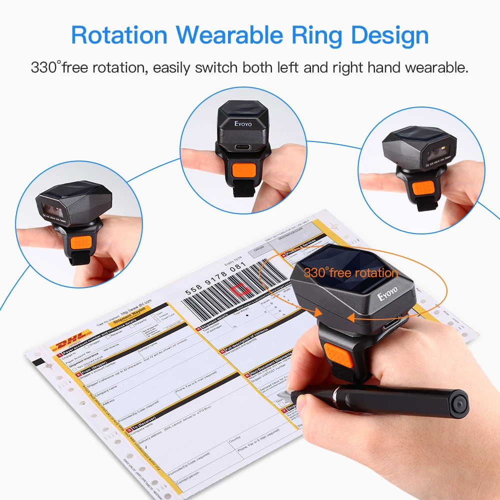 Eyoyo Finger Ring Barcode Scanner Mini Wearable 3-in-1 USB Wired & 2.4G Wireless QR Reader for Store Warehouse Scanning