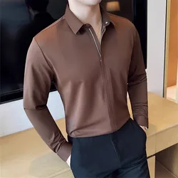 New High Quality Casual Shirt For Men Fashion Zipper Long Sleeve Solid Color Smart Casual Slim Fit Turn Down Collar Mens Blouse