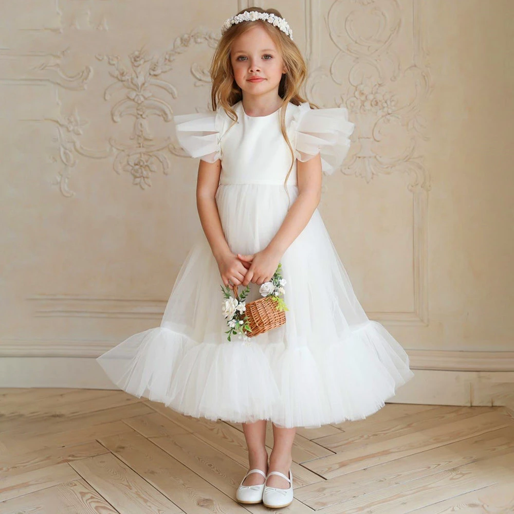 First Communion Kids Surprise Birthday Present White Angel Lovely Lotus Leaf Sleeve Flower Girl Dress Exquisite Princess Ball