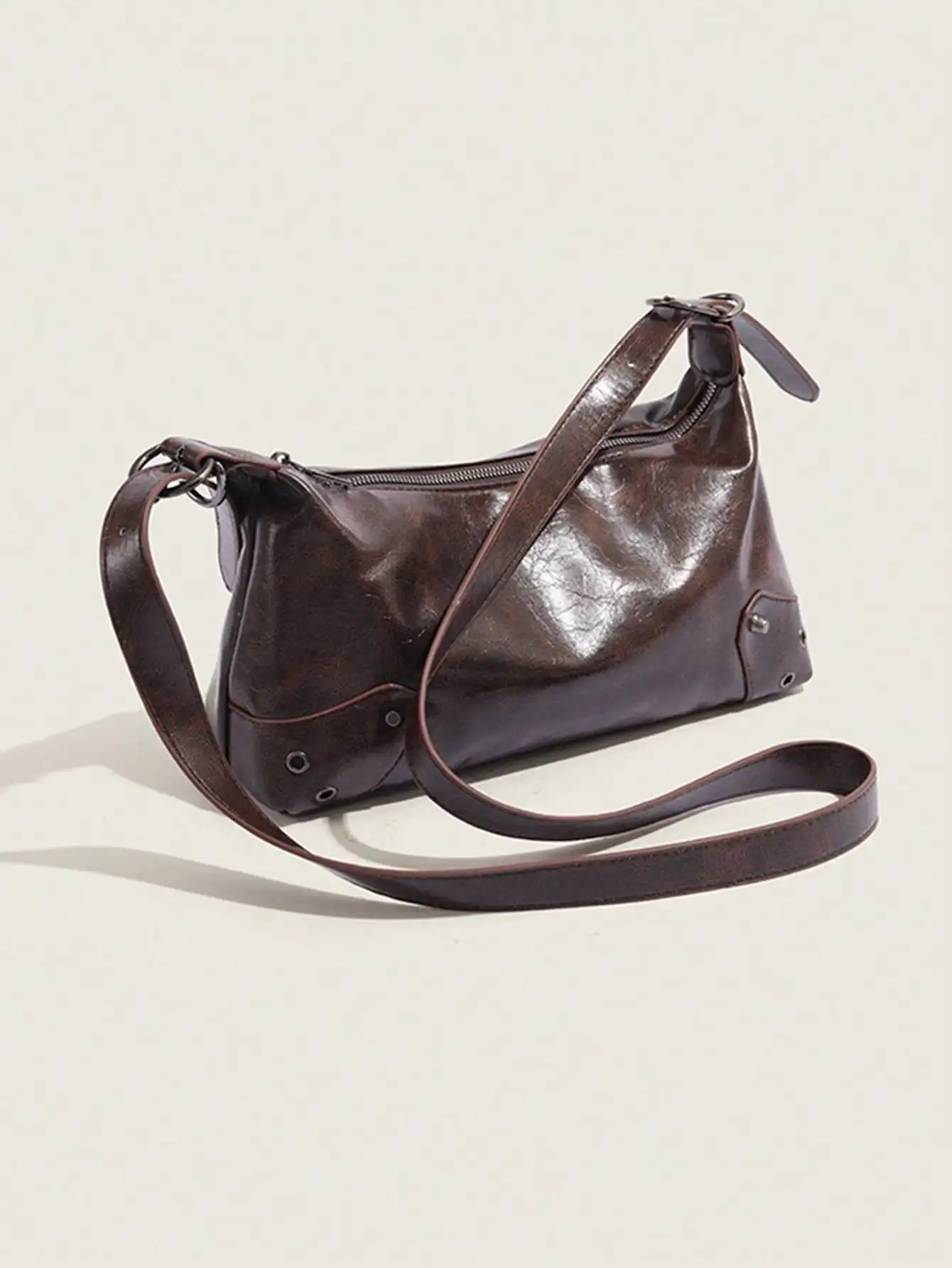 Women's Vintage Distressed Dark Brown Oil Wax Faux Leather Shoulder Underarm Bag, Retro Y2K Grunge Style Rivet Patchwork Decor Small Handbag