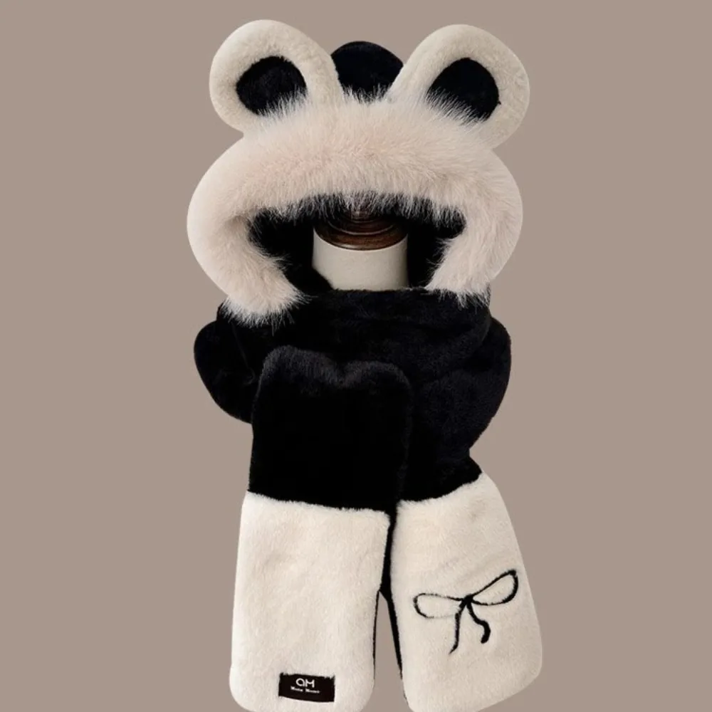 

Cute Bear Ears Plush Hat Embroidery Bow Cartoon Scarf Hat Glove for Women Thickened Ski Hat Furry Scarf Cap Set Outdoor