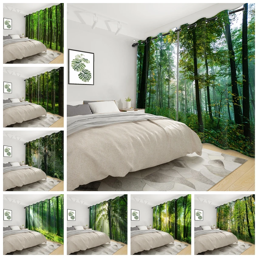 2-teilige Verdunkelungsvorhänge mit Waldlandschaft, grüne Naturlandschaft für Schlafzimmer, Wohnzimmer, wärmeisolierte Raumverdunkelungsvorhänge