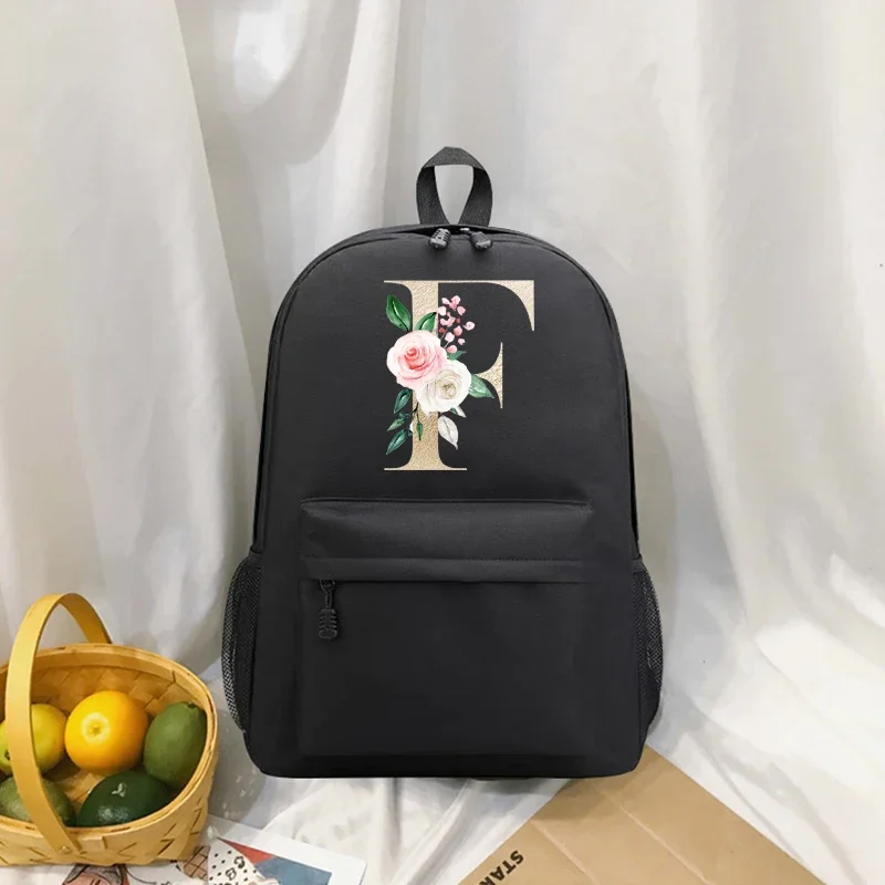 Bloem Gouden Brief Print Mode Rugzak Reizen Vrouwen Casual Rugzakken Dames Schoudertas Student Schooltas Voor Tienermeisjes