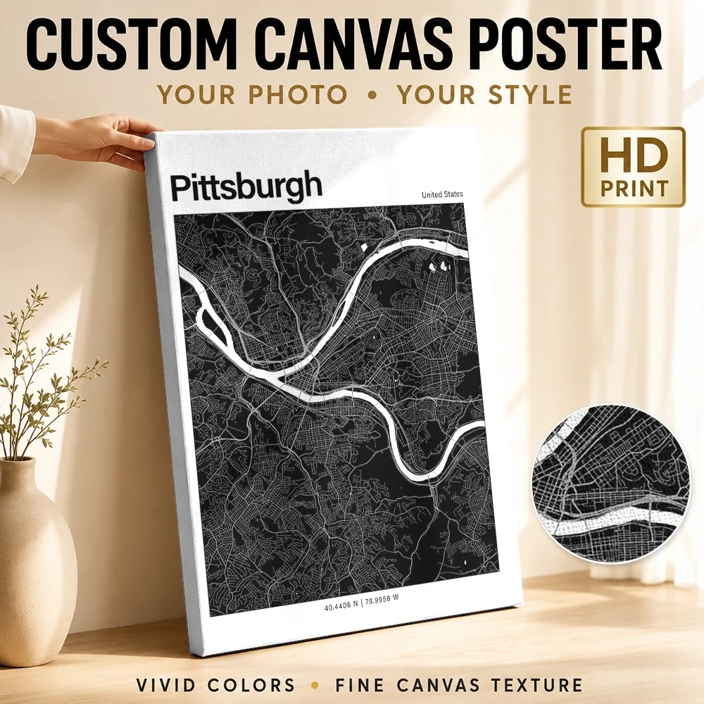 Pittsburgh City Map Wood Framed Canvas Poster Customized Photo Minimalist Cartography Wall Art For Living Room Housewarming Gift