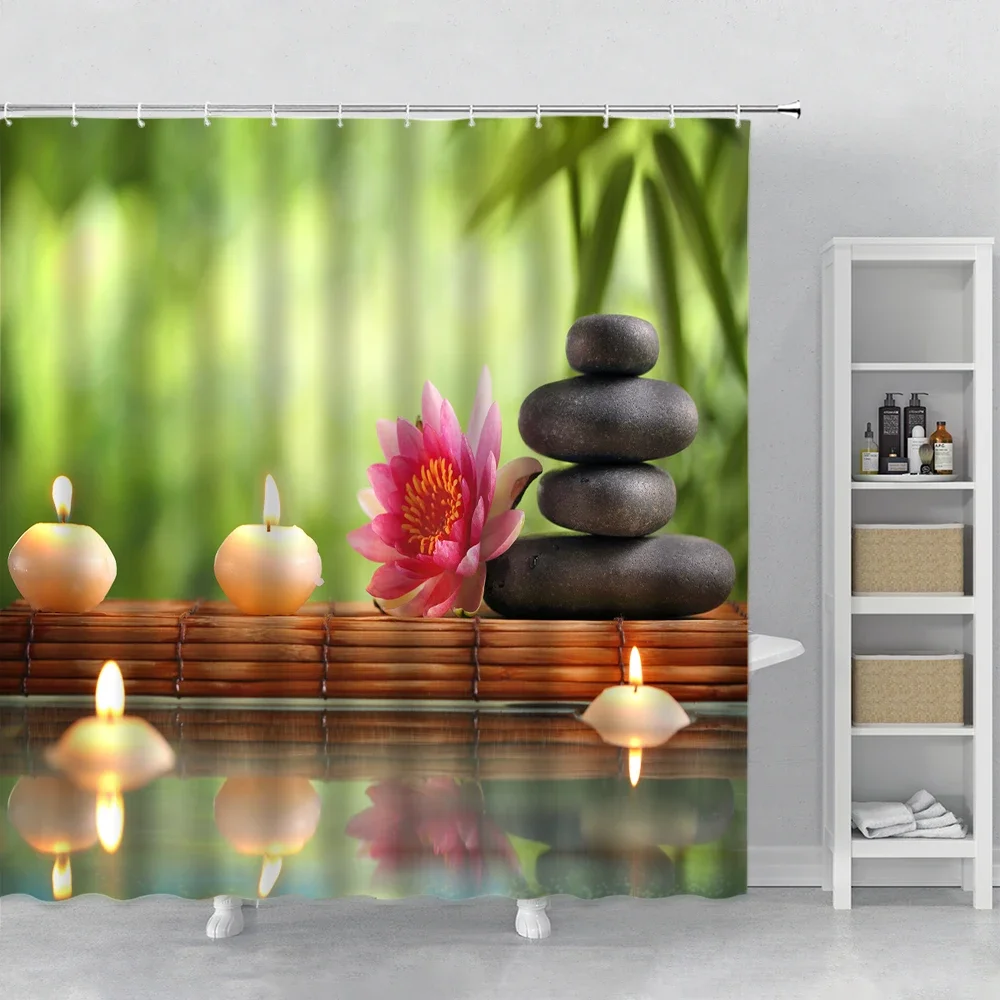 Zen Garden Shower Curtain Spa Green Bamboo Black Stone White Flower Bathroom Decor Supplies Bath Curtains Sets Polyester Fabric