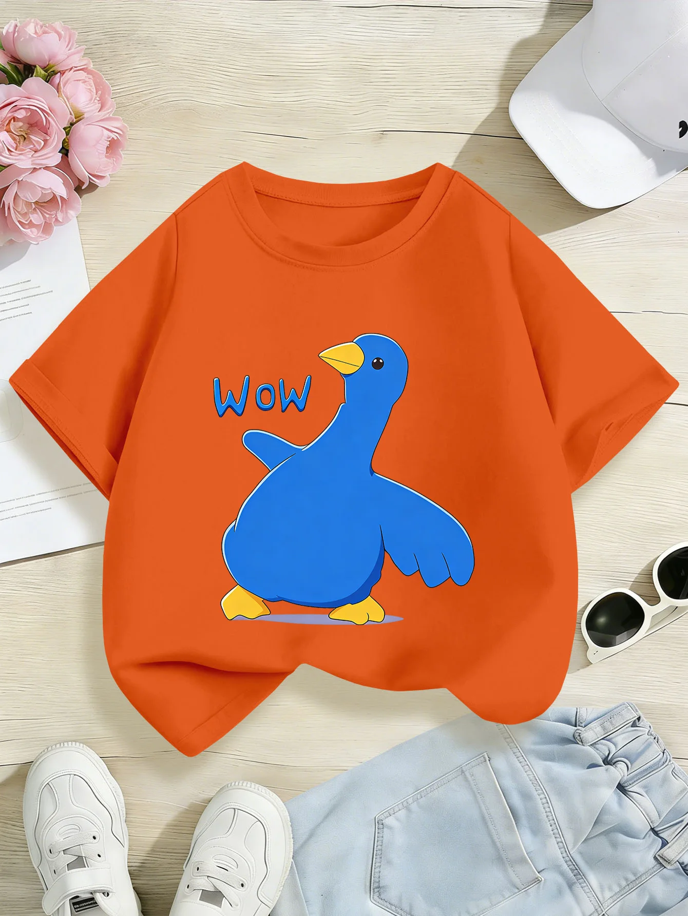 Cartoon Wow Blue Duck Print Boys Girls Short Sleeve Tee Parent Match Soft Cotton Kids Lovely Funny Daily Casual Fashion T Shirts