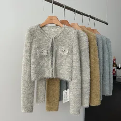 High Quality Women Faux Mink Cashmere Cardigan Pull Femme Korean Fashion Casual Short Coat Ladies Knitted Sweater Outerwears