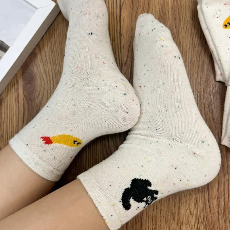 Cotton Small Cat Fish Socks Women Cold Resistant Warm Middle Tube Sock Spring Winter Walking Shopping Breathable Plush Hosiery