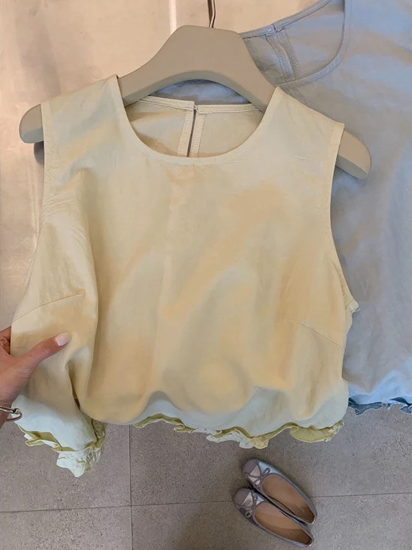 여름 신상 여성용 면 셔츠 민소매 나무 가장자리 헴 소형 사이즈 패셔너블 젊고 트렌디한 소형 탑