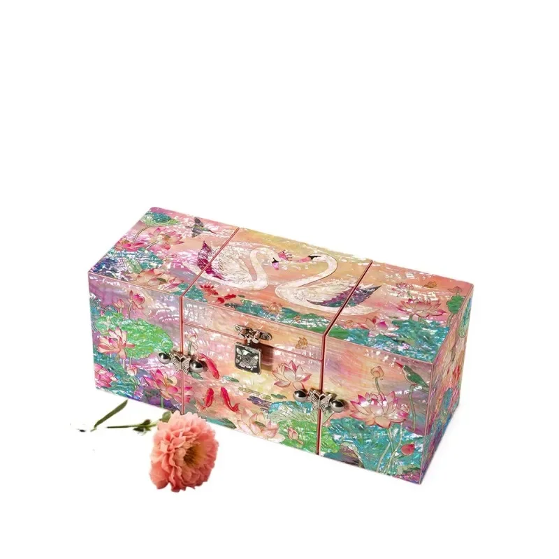 Mother-of-Pearl Inlay Jewelry Storage Box, Multi-Layer Chinese ICH Craft Organizer, Premium Vintage Tabletop Case for Festival
