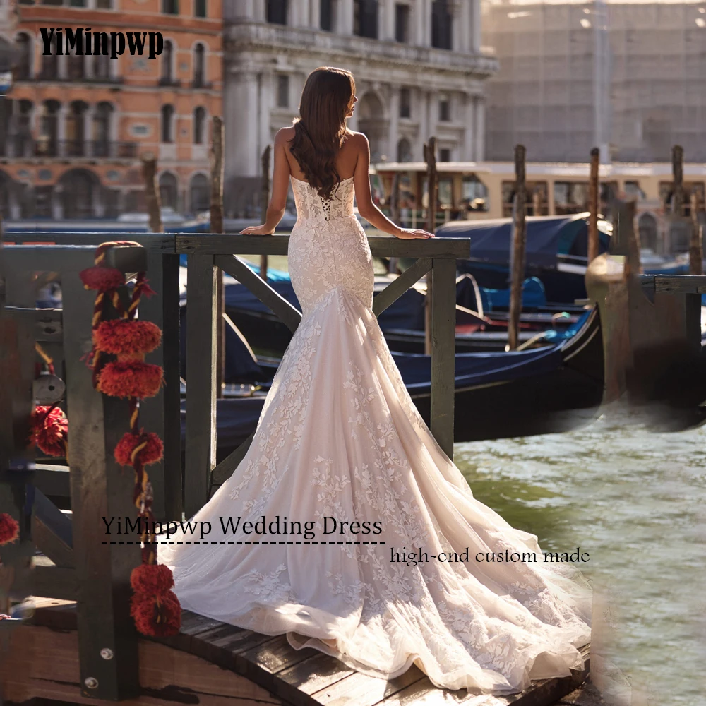 Luxe kanten trouwjurk lieverd zeemeermin strand bruidsjurken glanzende applique trouwjurk vestidos de novia aangepast