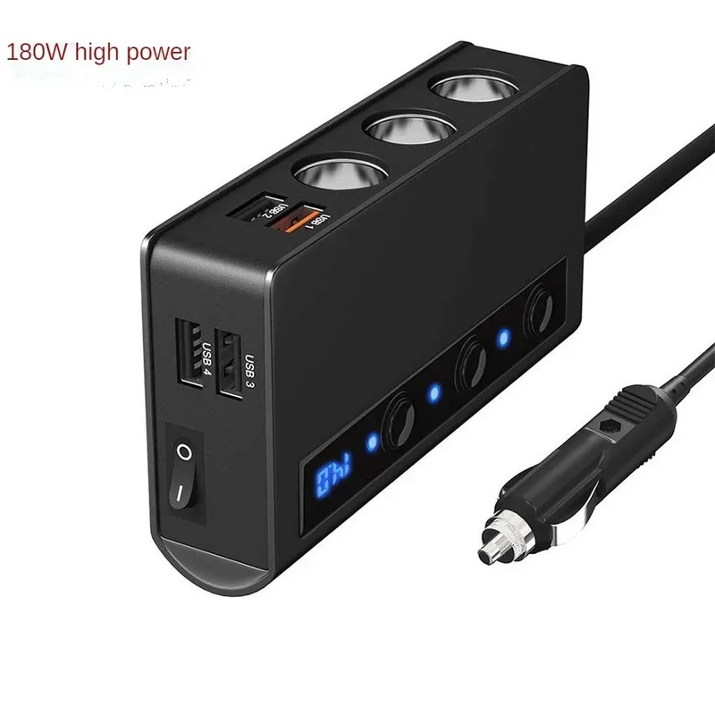 Quick Charge 3.0 Cigarette Lighter Splitter 12V/24V 3-Socket 180W ON-OFF DC Power Car Splitter with 4-Port USB Car Charger