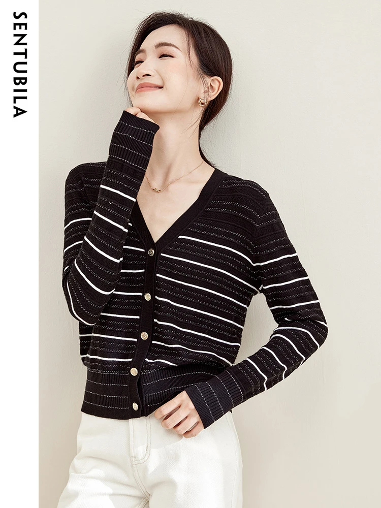 

SENTUBILA Striped Knitwear Women 2024 Spring New Elegant V-Neck Knitted Long Sleeve Casual Fashion Contrast Lady Tops W33H51124