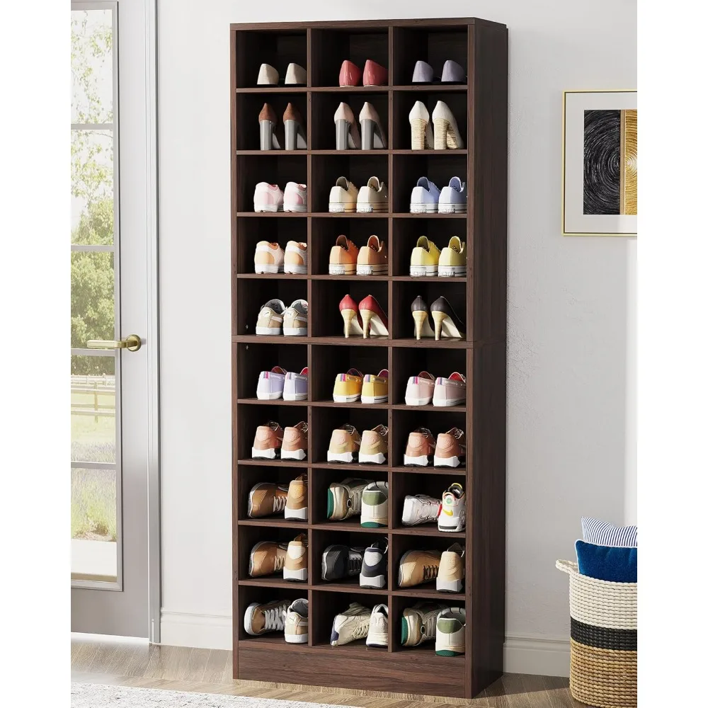 

10-Tier Shoe Storage Cabinet, Espresso Wooden Shoe Rack with 30 Cubbies, Freestanding Tall Entryway Shoe Organizer for Closet,