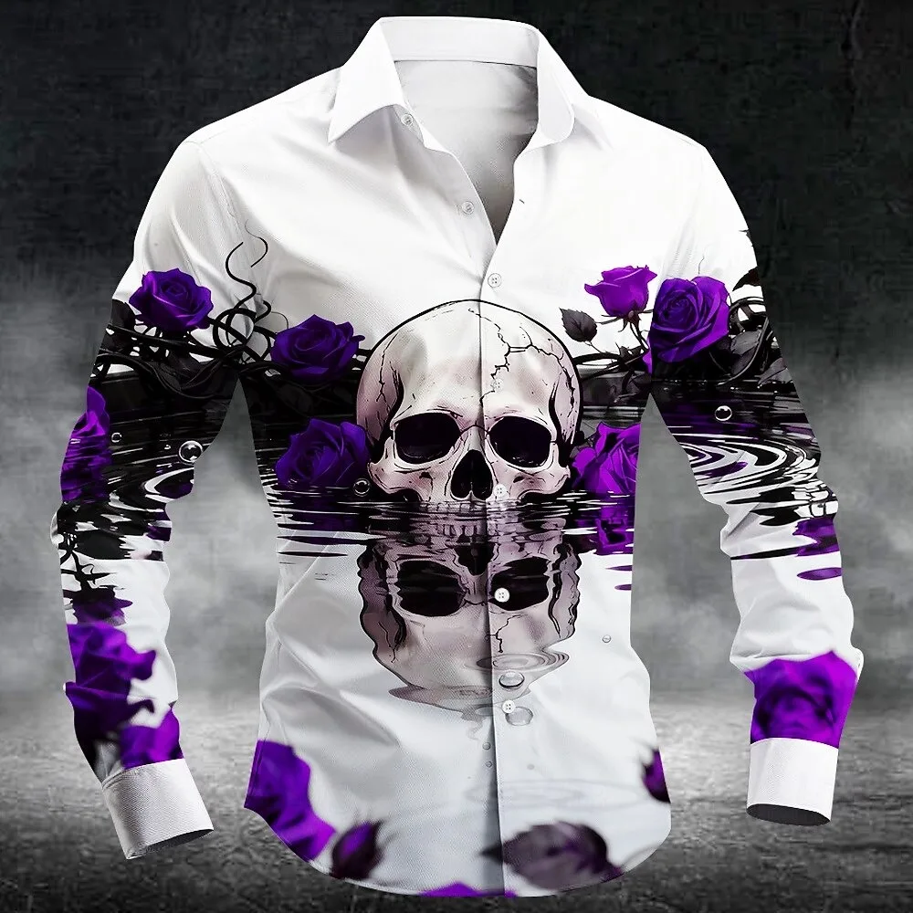 Nieuw herenoverhemd met 3D-schedelprint, knopen en lange mouwen, diepe punk, gotische bloemstijl, outdoor vakantiekraag, overhemdtop