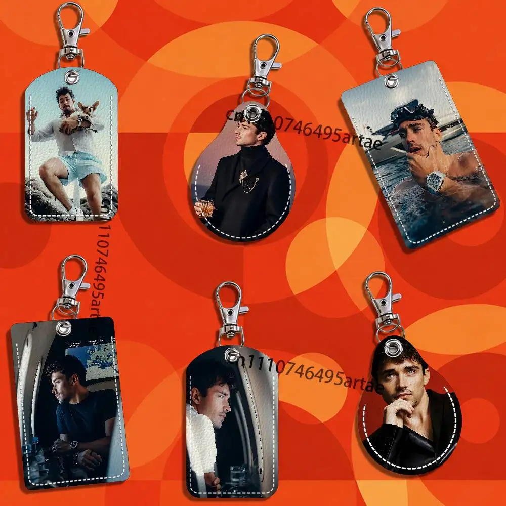 C-Charles L-Leclerc Rectangle ID Card Case Keychain Access Card Bag Key Tag Ring Leather Card Holder Key Ring