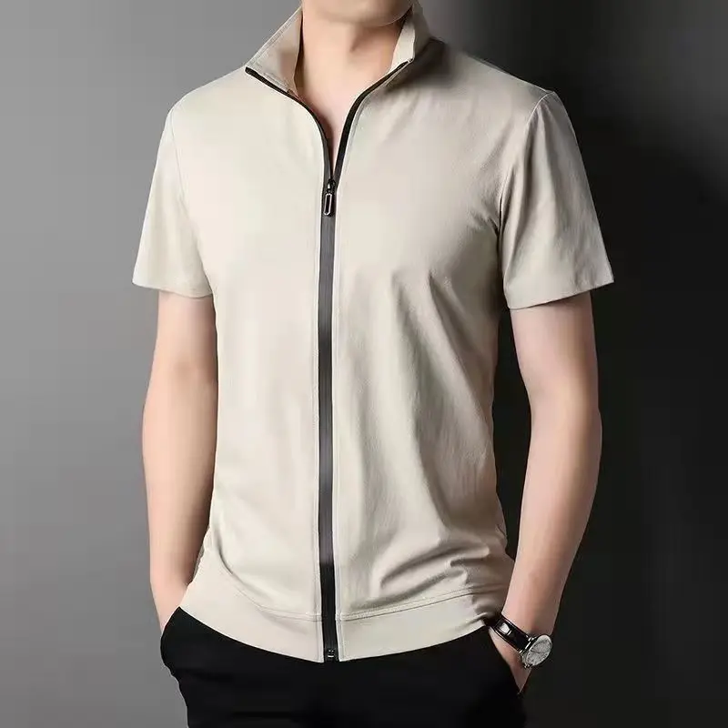 Summer Handsome Lightweight Comfortable Breathable Short Sleeve Cardigan Men\'s Solid Hooded Stand Collar Zipper Casual Trend Top