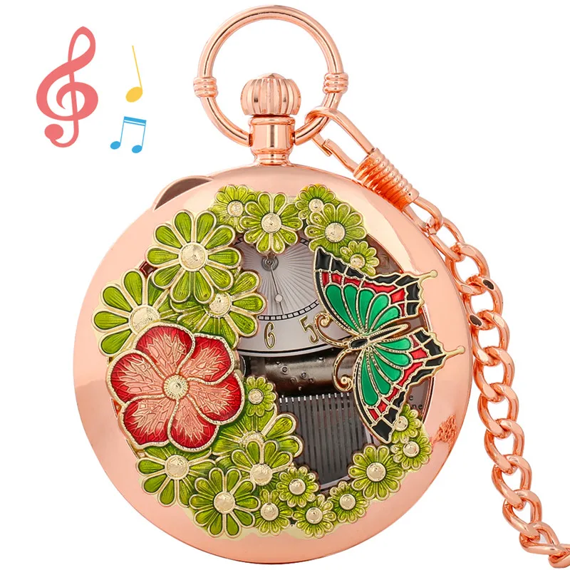 Creative Hollow Out Flower Butterfly Case Musical Quartz Pocket Watch with Castle in the Sky Song Pendant Chain Timepiece Gift