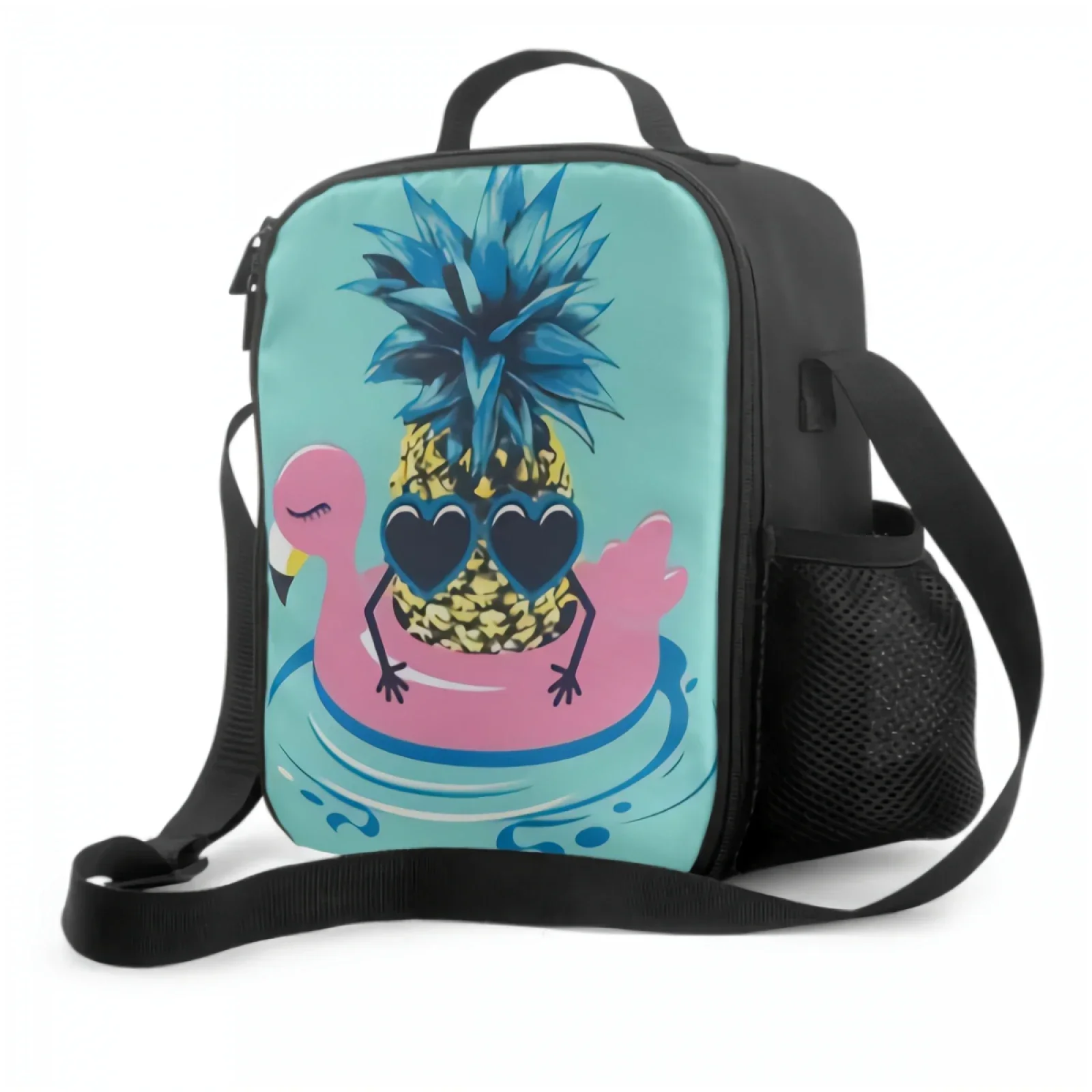 

Cute Pineapple In Sunglasses Floats On Pink Flamingo Insulating Thermal Lunch Bags for Kids Boys Girls Washable Lunch Container