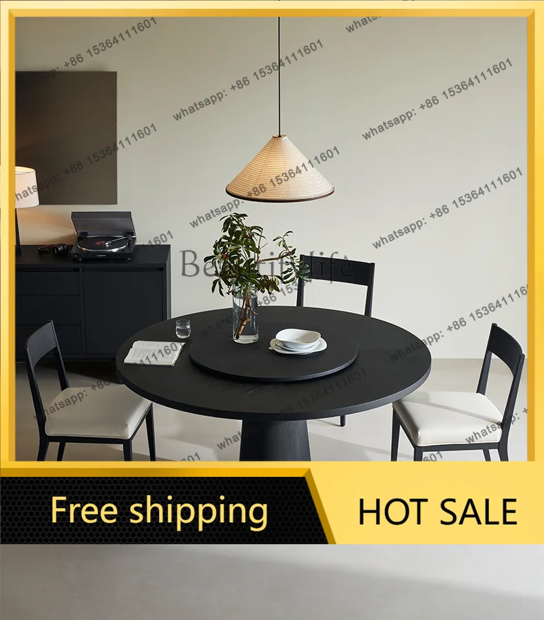 Factory Direct Sales Round Dining Table Solid Wood Wabi Sabi Black Dining Table with Turntable