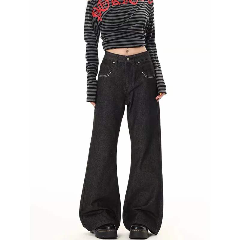 YIBASHU Women Black Gothic Y2k Gyaru Cargo Baggy Jeans Oversize Denim Trousers Vintage Harajuku American Wide Leg Jeans Pants