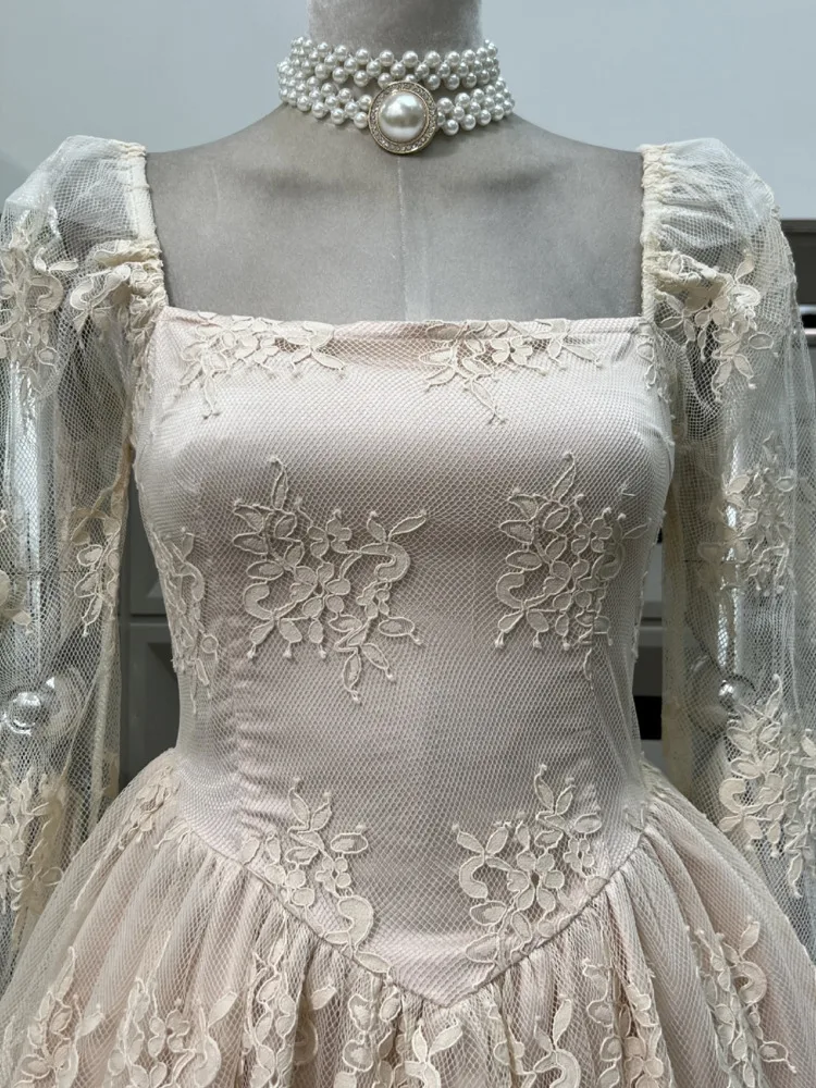 DFDG 2025 SS المرأة أنيقة الدانتيل قبالة فستان باف كم طويل سليم صالح الربيع الصيف حفل زفاف كوكتيل فستان أنيق #4