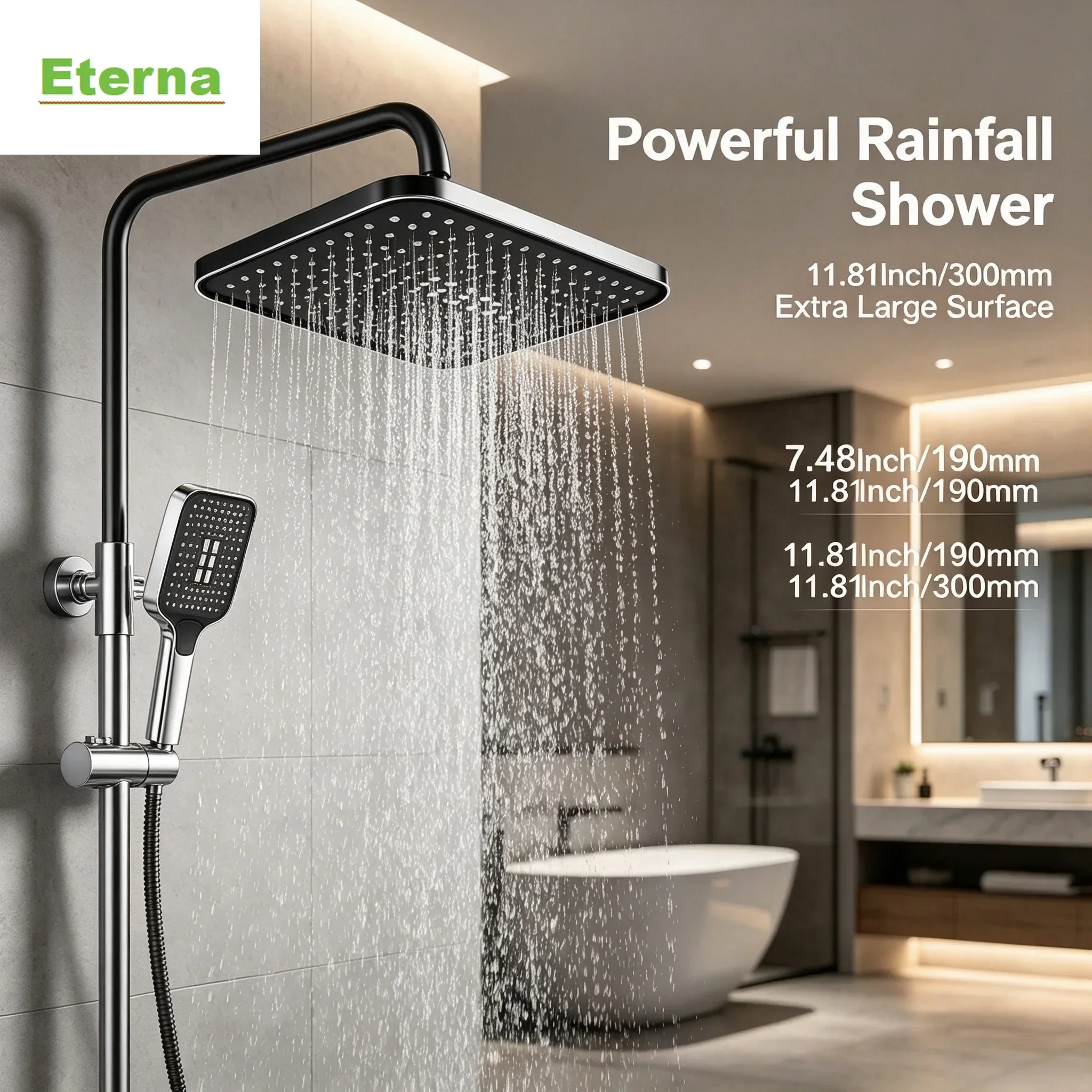 300mm Square Extra Large Rain Shower Head Set Black Multi Function Overhead and Handheld Combo High Pressure Shower for Bathroom