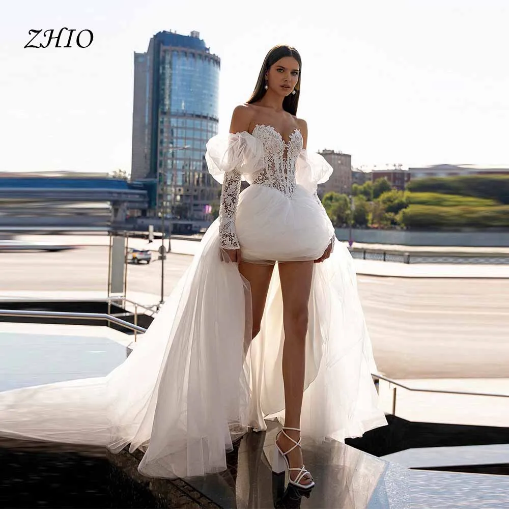 

ZHIO Custom Off Shoulder Lace Wedding Dress Women Puffy Short Front Long Back Bridal Gown Sexy Tulle Train Outfit amanda novias