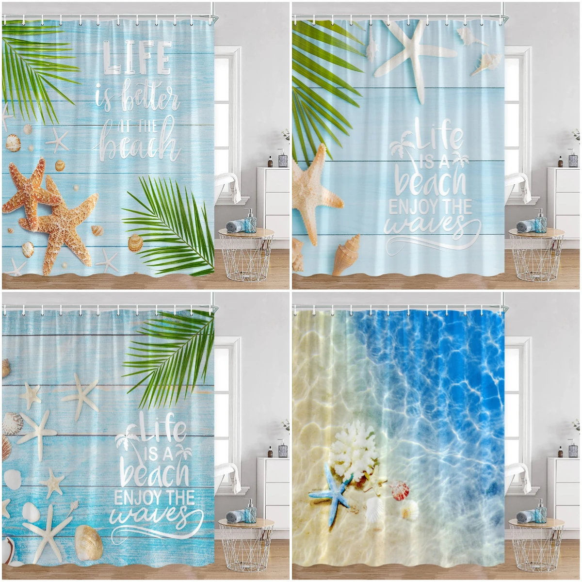

Summer Vacation Shower Curtain Beach Shell Wooden Plank Pattern Holiday Inspiring Words Bath Curtain Polyester Bathroom Decor